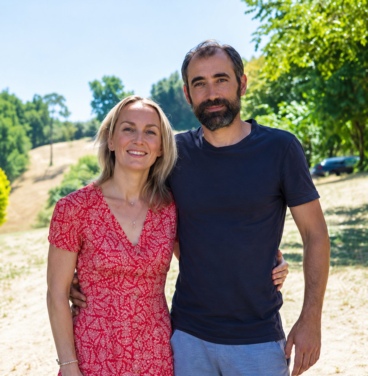 Une femme blonde en robe rouge à motifs et un homme barbu en t-shirt sombre posent côte à côte à l'extérieur, entourés d'arbres et de verdure.