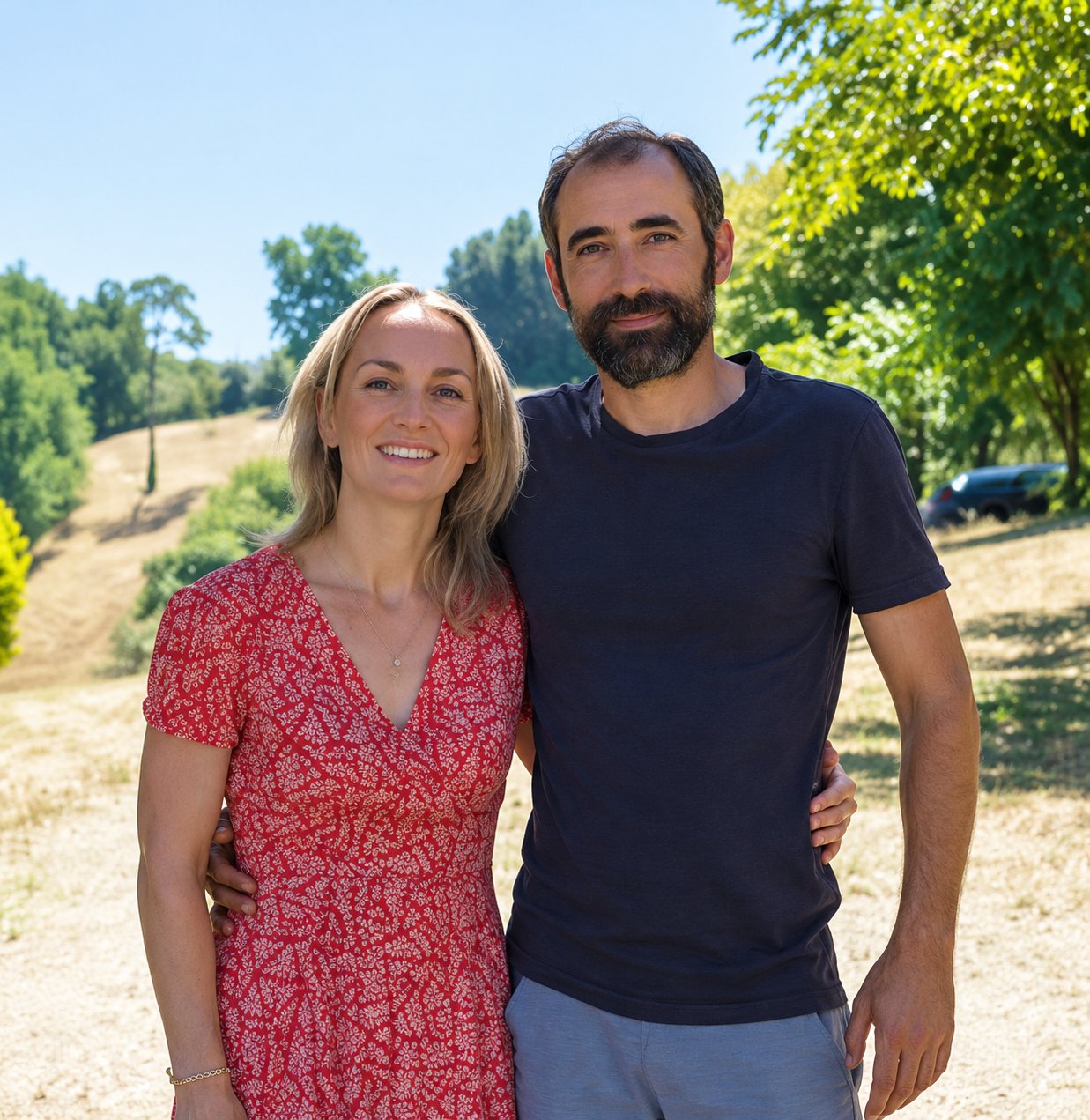 Une femme en robe rouge à motifs et un homme barbu en t-shirt noir posent côte à côte en souriant, dans un paysage verdoyant et ensoleillé.