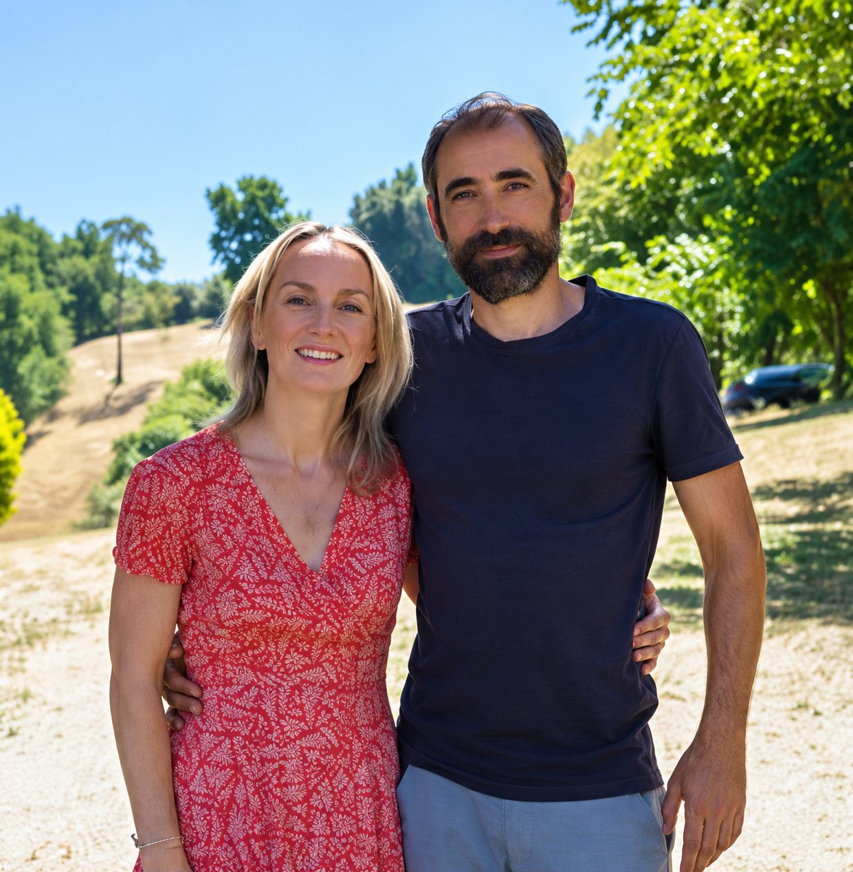 Une femme en robe rouge à motifs et un homme barbu en t-shirt noir posent côte à côte en extérieur, devant des arbres et une colline ensoleillée.