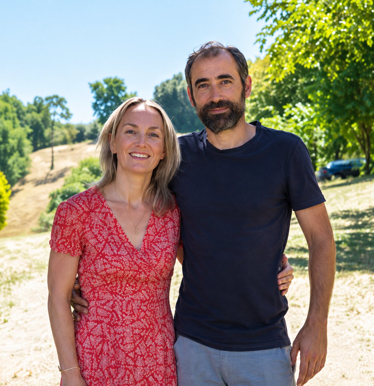 Une femme en robe rouge à motifs et un homme barbu en t-shirt noir posent côte à côte, souriants, devant un paysage verdoyant par une journée ensoleillée.