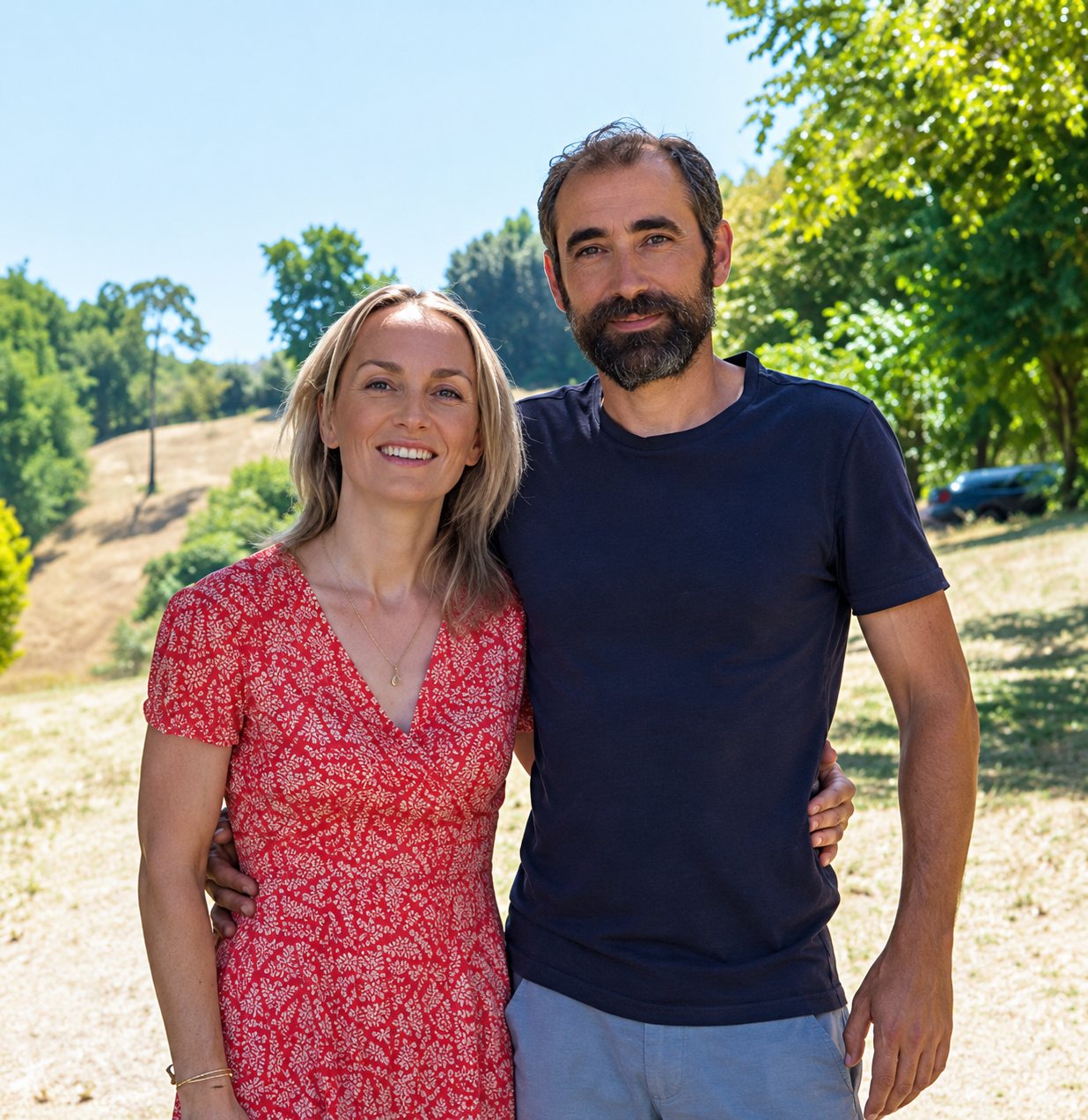 Une femme en robe rouge à motifs et un homme barbu en t-shirt noir posent côte à côte en souriant, avec des arbres et une colline ensoleillée en arrière-plan.