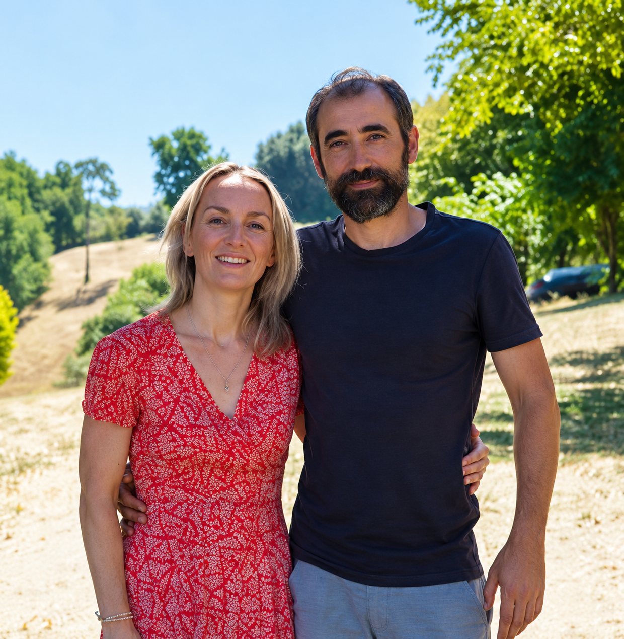 Une femme blonde en robe rouge à motifs et un homme barbu en t-shirt noir posent côte à côte en plein air, entourés d'arbres et de collines ensoleillées.